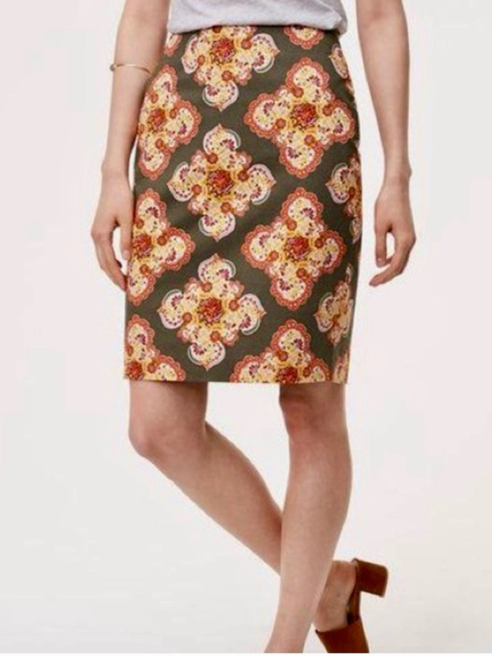 LOFT Olive Floral Medallion Pencil Skirt